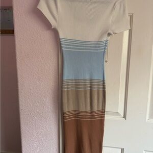 Striped Knit Dress in White, Blue, and Brown